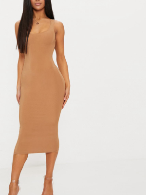 Camel Second Skin Slinky Scoop Neck Midi Dress