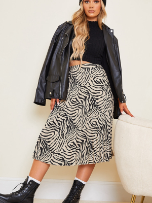 Zebra Print Printed Satin Pleated Midi Skirt