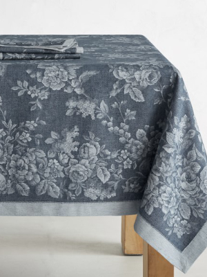 Watercolor Floral Jacquard Tablecloth, Navy
