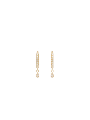 14k Itty Bitty Dangling Teardrop Pave Diamond Medium Hinge Huggie Hoops