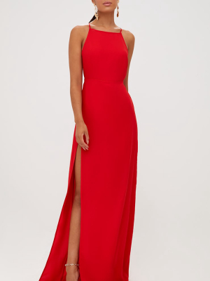 Red Strappy Back Detail Chiffon Maxi Dress