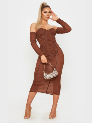 Chocolate Mesh Ruched Velvet Binded Bardot Midi...