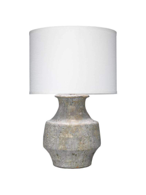 Masonry Table Lamp In Grey Ceramic With Classic Drum Shade In White Linen