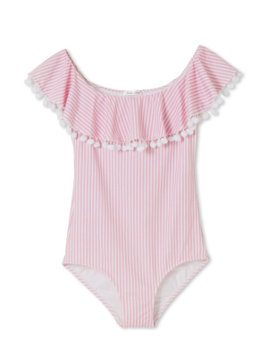 Pom Pom Side Cinch One Piece Swimsuit (kids) - Pink & White Stripe Print