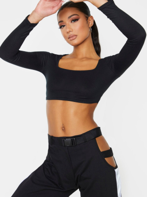 Black Square Neck Rib Long Sleeve Crop Top