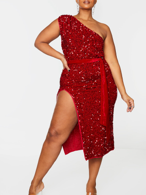 Plus Red Premium Velvet Sequin One Shoulder Tie...