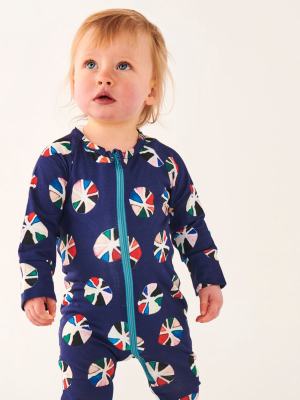 Pin Wheel Navy Organic Ls Zip Romper