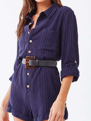 Striped Roll-tab Shirt Romper