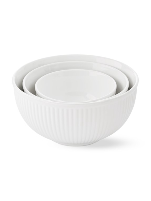 White Ribbed Ceramic Mixing Bowls, Set Of 3