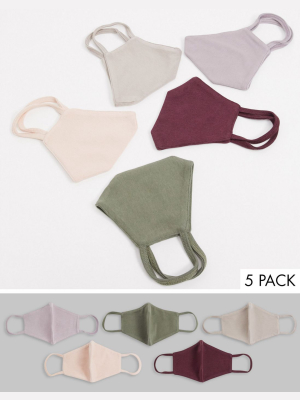 Asos Design 5-pack Organic Cotton Triple Layer Jersey Face Covering In Khaki And Burgundy Tones