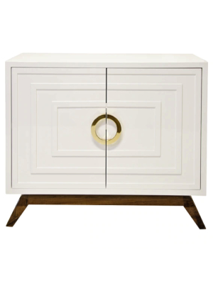 White Lacquer 2 Door Cabinet With Stained Hardwood Base & Brass Hardware