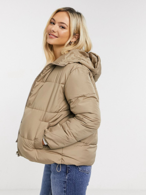 New Look Hooded Boxy Puffer In Camel