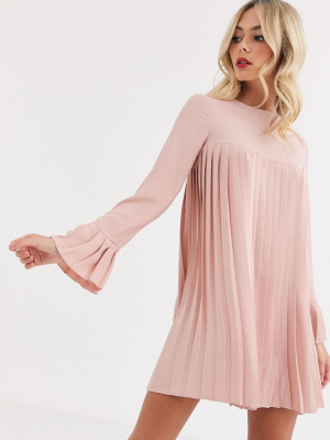 Asos Design Pleated Trapeze Mini Dress With Long Sleeves In Pink