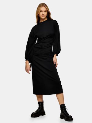 Black Editor Ruched Tie Side Midi Dress