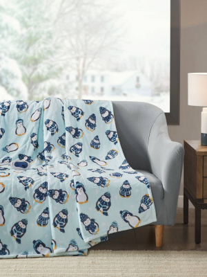 60" X 70"oversized Plush Printed Heated Throw Aqua Penguins