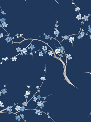 Cherry Blossom Floral Peel-and-stick Wallpaper In Navy And Blue Jay By Nextwall