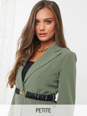 4th + Reckless Petite Blazer With Contrast Belt In Khaki