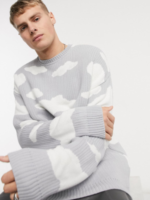 Asos Design Oversized Knit Sweater With Cloud Design In Light Gray