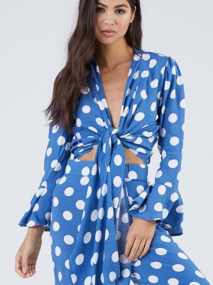 Beverly Hills Bell Sleeves Front Knot Crop Top - Blue & White Polka Dot Print