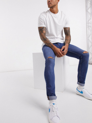 Topman Skinny Jeans With Rips In Mid Wash Blue