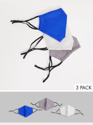 Asos Design 3 Pack Face Coverings With Adjustable Straps And Nose Clip In Blue, Gray, And Off White