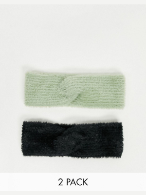 Asos Design 2 Pack Fluffy Rib Headband In Mint And Black