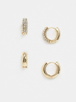 Asos Design Pack Of 2 Thick Huggie Hoop Earrings In Crystal And Plain Gold Tone