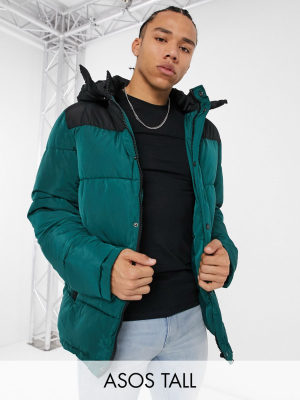 Asos Tall Unrvlld Supply Puffer Jacket With Color-block Panel In Green