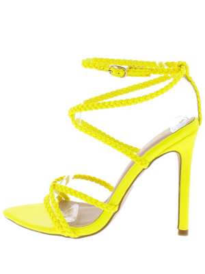 Charlotte1 Neon Yellow Braided Strappy Open Toe Stiletto Heel