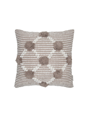 Taupe Hand Woven 20x20" Decorative Cotton Throw Pillow Cover With Insert, Hand Embroidered Details And Hand Tied Pom Poms - Foreside Home & Garden