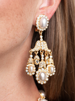 Gold Chandelier And White Pearl Clip Earrings