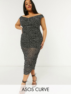 Asos Design Curve Mesh Ruched Bardot Midi Dress In Polka Dot