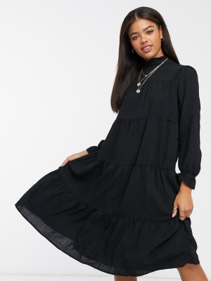 Pieces Midi Dress With High Neck And Tiered Skirt In Black