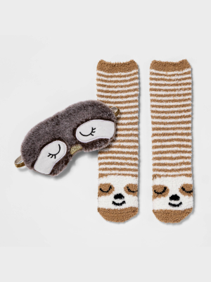 Women's Sloth Eyemask & Cozy Socks Set - Brown 4-10