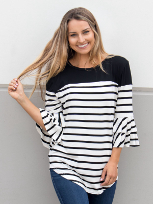 Double Ruffle Stripe Color Block Top - Black