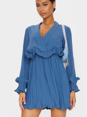 Steel Blue Long Sleeve Pleated Skater Dress