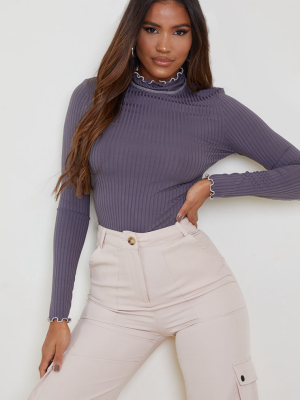 Grey Rib Lettuce Hem Long Sleeve Top