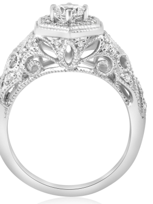 Pompeii3 3/4ct Vintage Halo Round Diamond Engagement Ring 14k White Gold