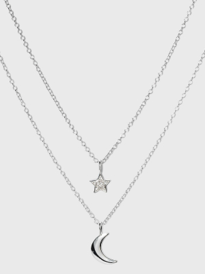 Sterling Silver Star And Moon Necklace 2pc - Silver