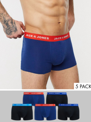 Jack & Jones 5 Pack Trunks With Contrast Waistband In Black And Blue