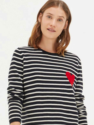 Navy With Cream Striped Heart Wool-cashmere Sweater