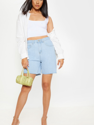 Light Wash Raw Hem Mom Shorts