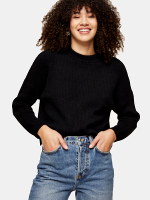 Black Cropped Funnel Neck Knitted Sweater