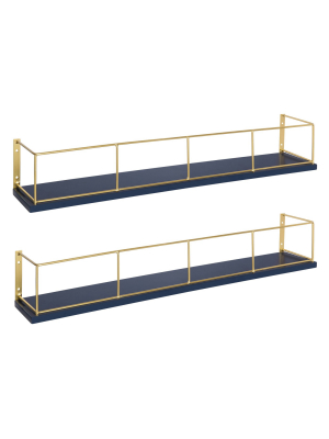 24" X 4" 2pk Benbrook Wood And Metal Floating Wall Shelf Set Blue/gold - Kate & Laurel All Things Decor