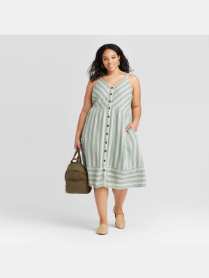 Women's Plus Size Striped Sleeveless Button-front Sun Dress - Universal Thread™ Green