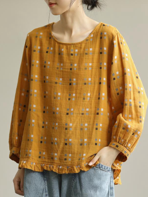 Plus Size - Women Loose Plaid Agaric Cotton Linen Laces T-shirt