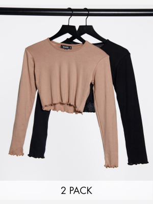 Missguided 2 Pack Long Sleeve Crop Tops In Black And Camel