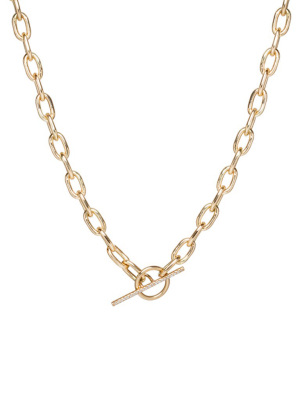 14k Gold Extra Large Square Oval Link Chain Pave Diamond Toggle Necklace