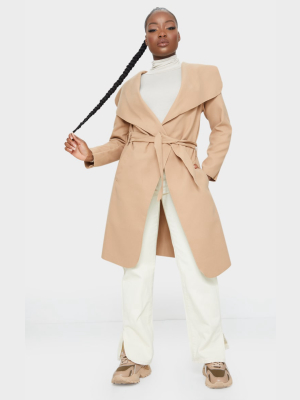 Petite Camel Oversized Waterfall Belt Coat