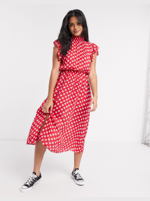 Wednesday's Girl Midi Dress With Frill Sleeves In Floral Polka Dot